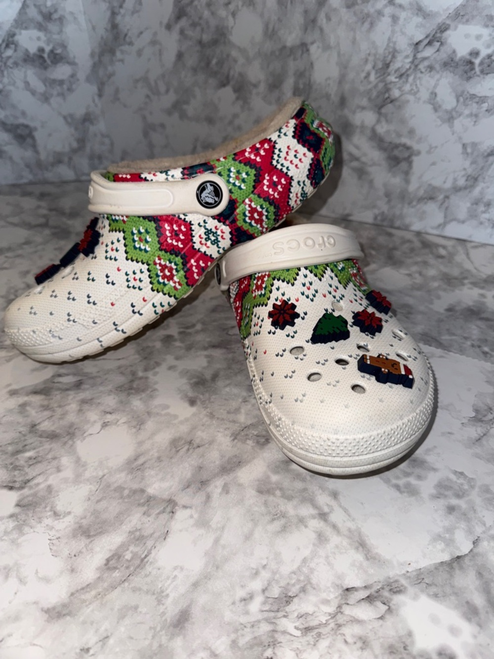 CROCS White Clogs with Red & Green Knit-Style Print